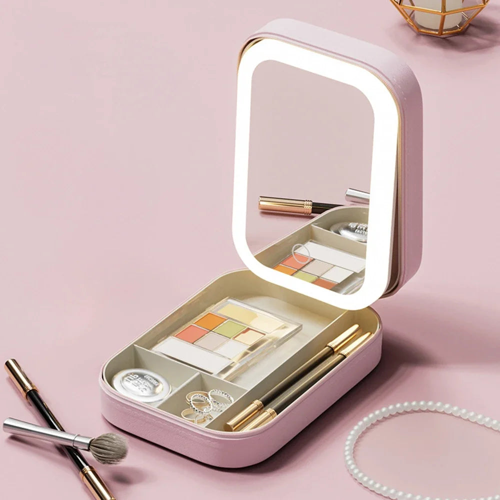 Boîte de rangement de maquillage avec miroir LED, trousse de maquillage de voyage portable, trousse de maquillage, boîte de rangement de maquillage de grande capacité, accessoires de maquillage