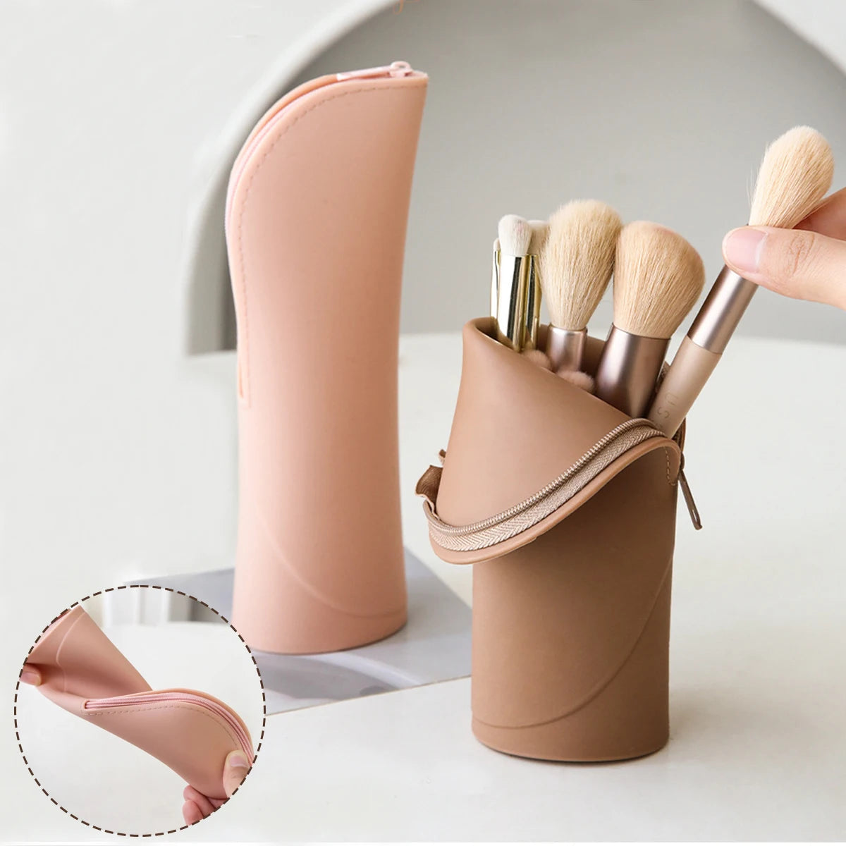 Aufbewahrungstasche für Make-up-Pinsel aus Silikon, vertikaler Reißverschluss, Tasche für Make-up-Pinsel, Aufbewahrungsbox für Make-up-Tools, Schutzhülle