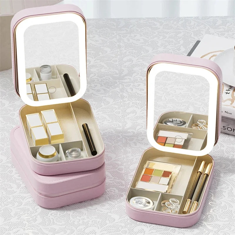 Boîte de rangement de maquillage avec miroir LED, trousse de maquillage de voyage portable, trousse de maquillage, boîte de rangement de maquillage de grande capacité, accessoires de maquillage