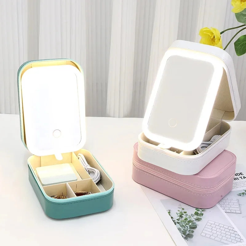 Boîte de rangement de maquillage avec miroir LED, trousse de maquillage de voyage portable, trousse de maquillage, boîte de rangement de maquillage de grande capacité, accessoires de maquillage