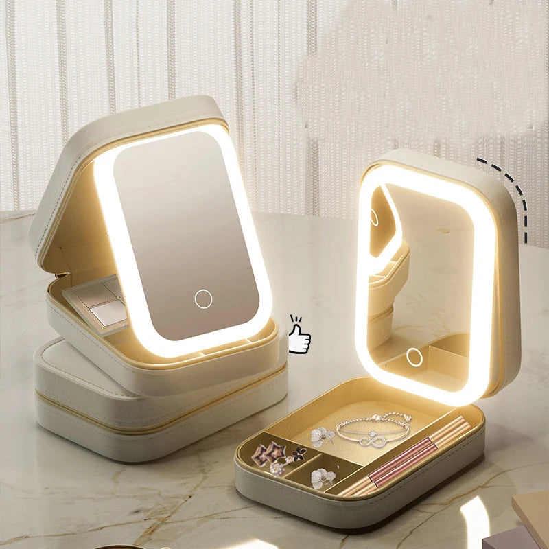 Boîte de rangement de maquillage avec miroir LED, trousse de maquillage de voyage portable, trousse de maquillage, boîte de rangement de maquillage de grande capacité, accessoires de maquillage