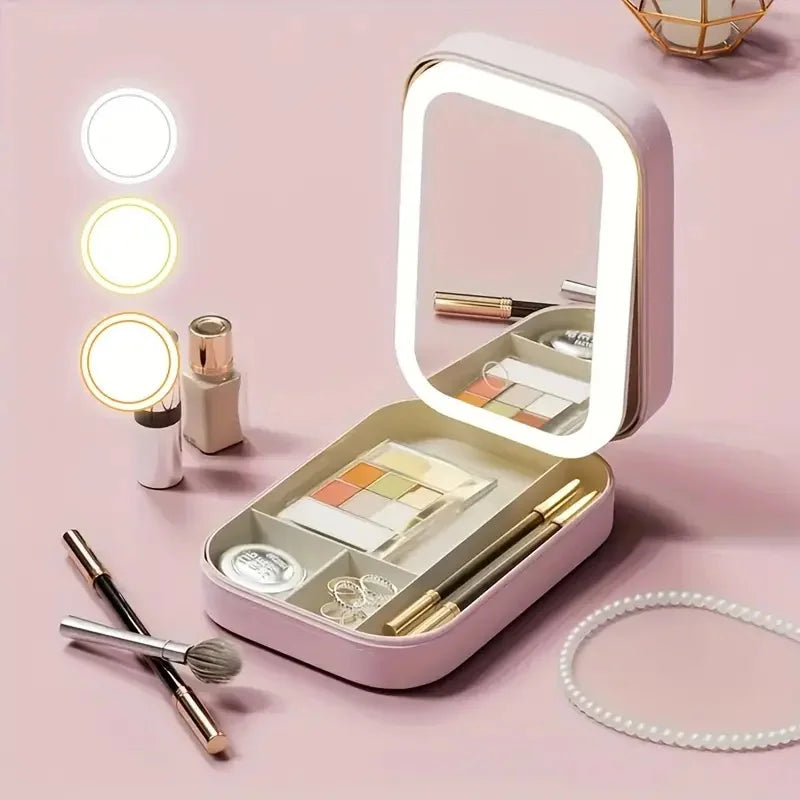 Boîte de rangement de maquillage avec miroir LED, trousse de maquillage de voyage portable, trousse de maquillage, boîte de rangement de maquillage de grande capacité, accessoires de maquillage